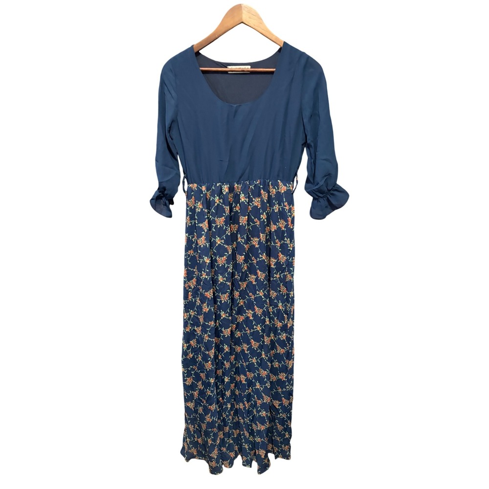 Floral Print Maxi‎ Dress Women's Blue 3/4 Sleeve Bohemian Casual Elegant